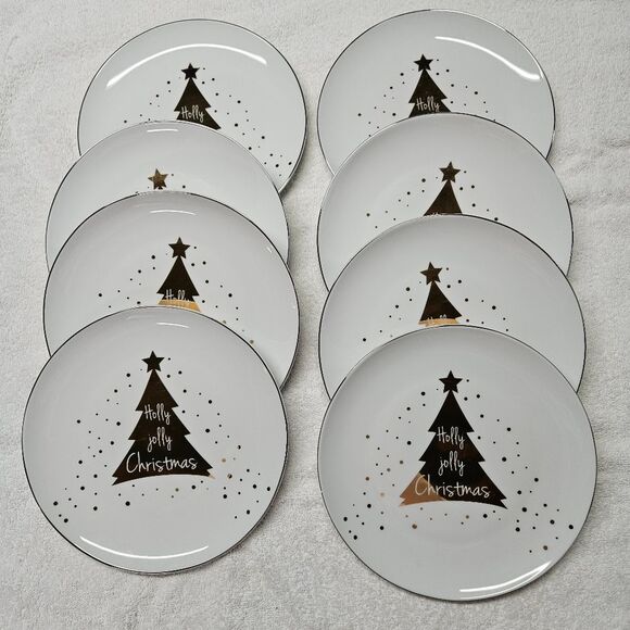 Pier 1 Holly Jolly Christmas Metallic Gold Porcelain 8 Dessert Appetizer Plates - Picture 1 of 6